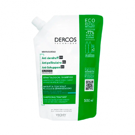 Dercos Technique Shampooing Antipelliculaire DS Cheveux Normaux à Gras Ecorefill 500 ml