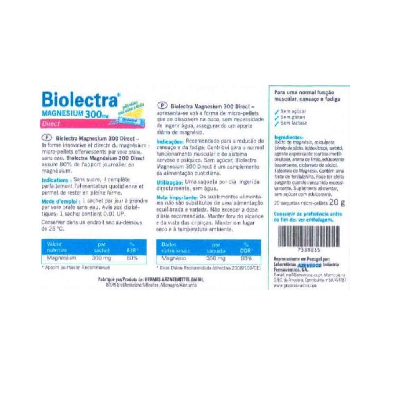 Biolectra Magnesium 300mg Directo 20 sobres