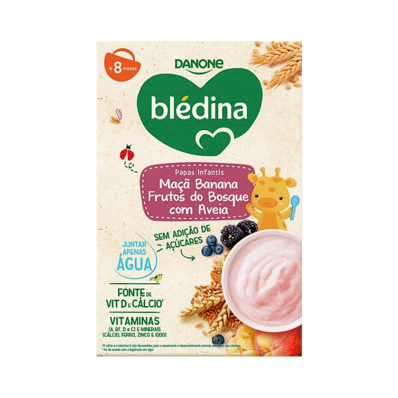 Blédina Papas Infantis Láctea Maçã Banana Frutos do Bosque Aveia 200g