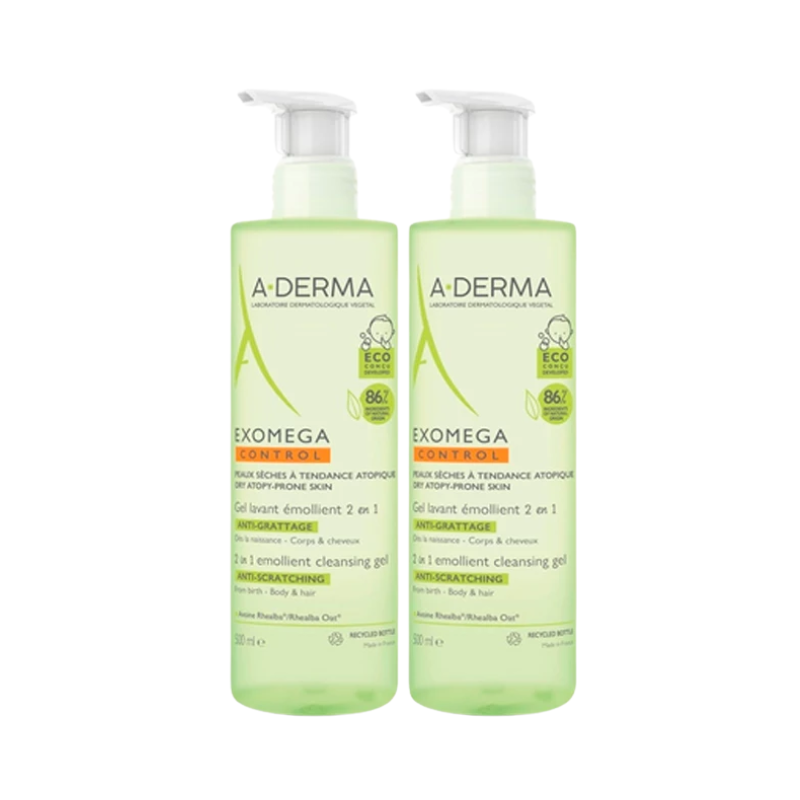 A-Derma Exomega Control Emollient Cleansing Gel 2 in 1 Body and Hair 2x500ml